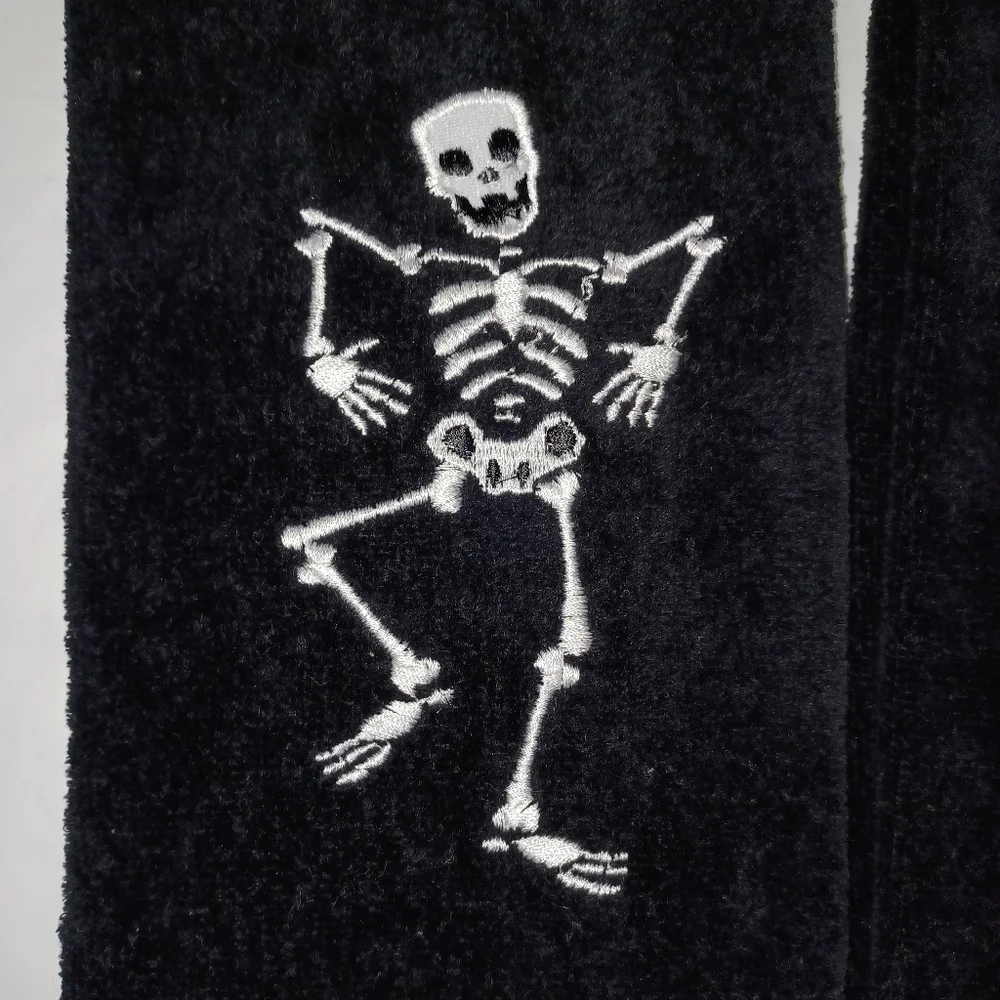 Black Skeleton Plush Hand Towel Set Of 2 Festive Halloween Fun Like New